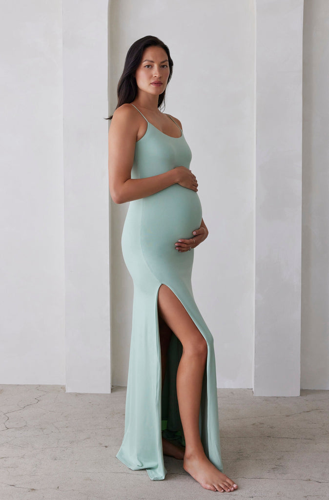 Bumpsuit Maternity The Rosie Square Neck Maxi Dress with Side Slit in Mint