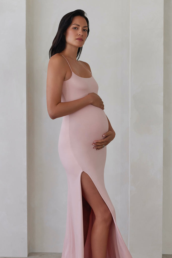 Bumpsuit Maternity The Rosie Square Neck Sleeveless Maxi Dress with side slit in dusty pink