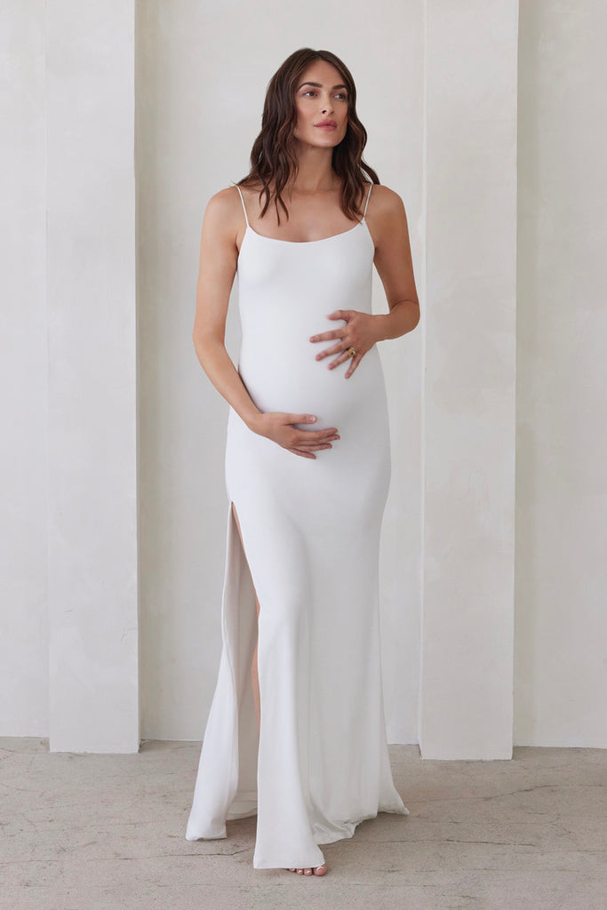 Bumpsuit Maternity The Rosie Square Neck Sleeveless Maxi Dress with side slit in Ivory