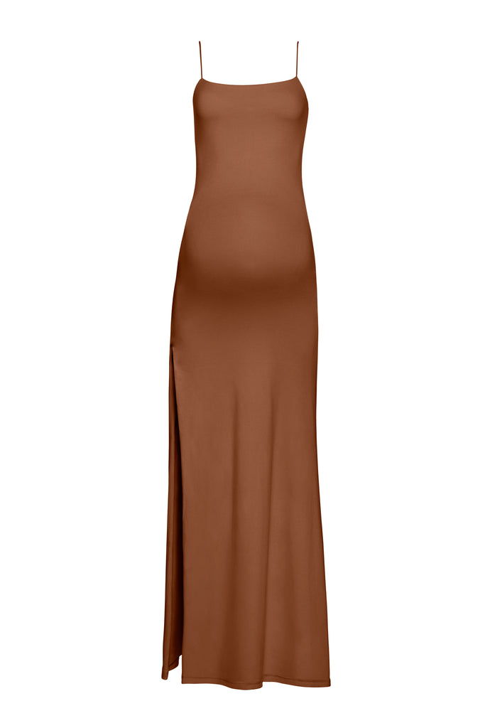 Bumpsuit Maternity The Rosie Square Neck Sleeveless Maxi Dress with side slit in mocha