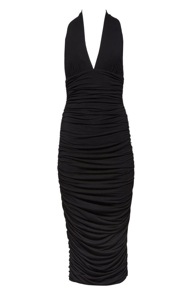 Bumpsuit Maternity The Ruched Halter Keyhole Evening Midi Dress in Black