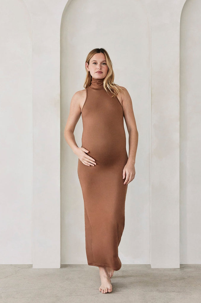 Bumpsuit Maternity The Serena Turtleneck Sleeveless Maxi Dress in Mocha