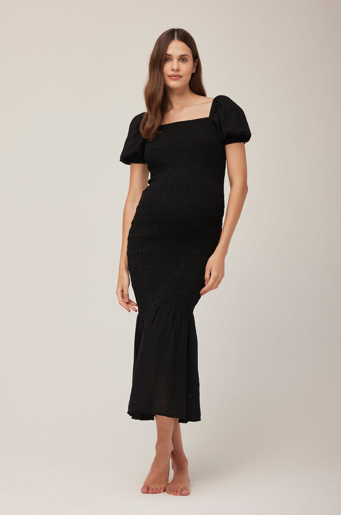 Bumpsuit Maternity Vacation Collection feat. Georgia Fowler the Shirred Puff Sleeve Dress in Black