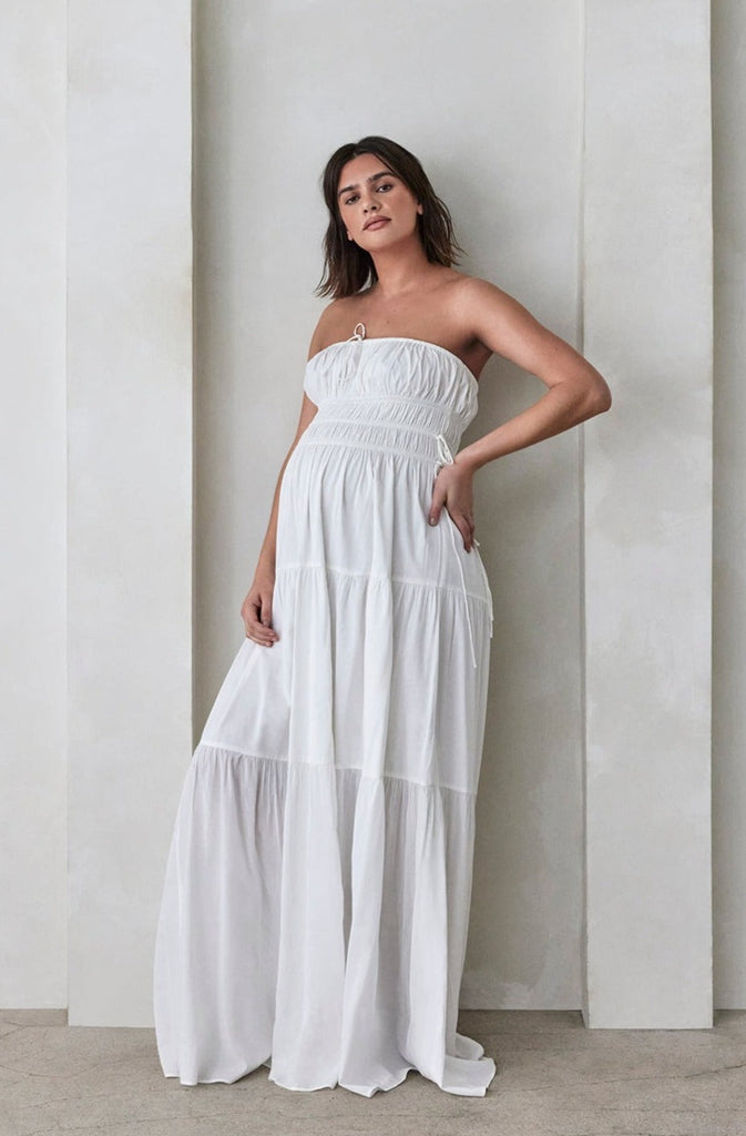 Bumpsuit Maternity Georgia Fowler the shirred strapless gown in white