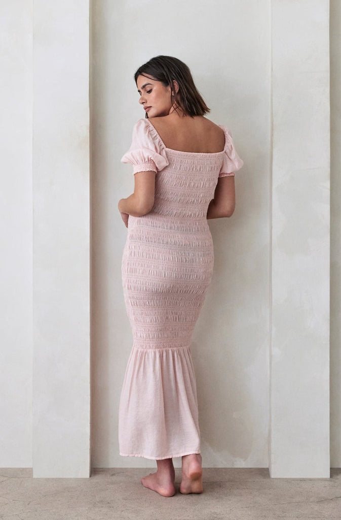 Bumpsuit Maternity Vacation Collection feat. Georgia Fowler the Shirred Puff Sleeve Dress in Pink