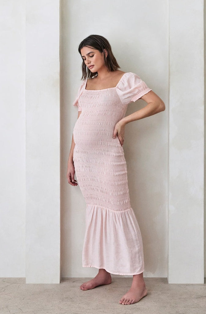 Bumpsuit Maternity Vacation Collection feat. Georgia Fowler the Shirred Puff Sleeve Dress in Pink