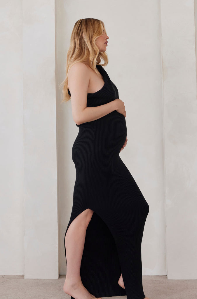 Cozy Knit One Shoulder Knit Maternity Dress in Black