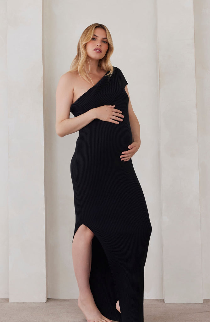 Cozy Knit One Shoulder Knit Maternity Dress in Black