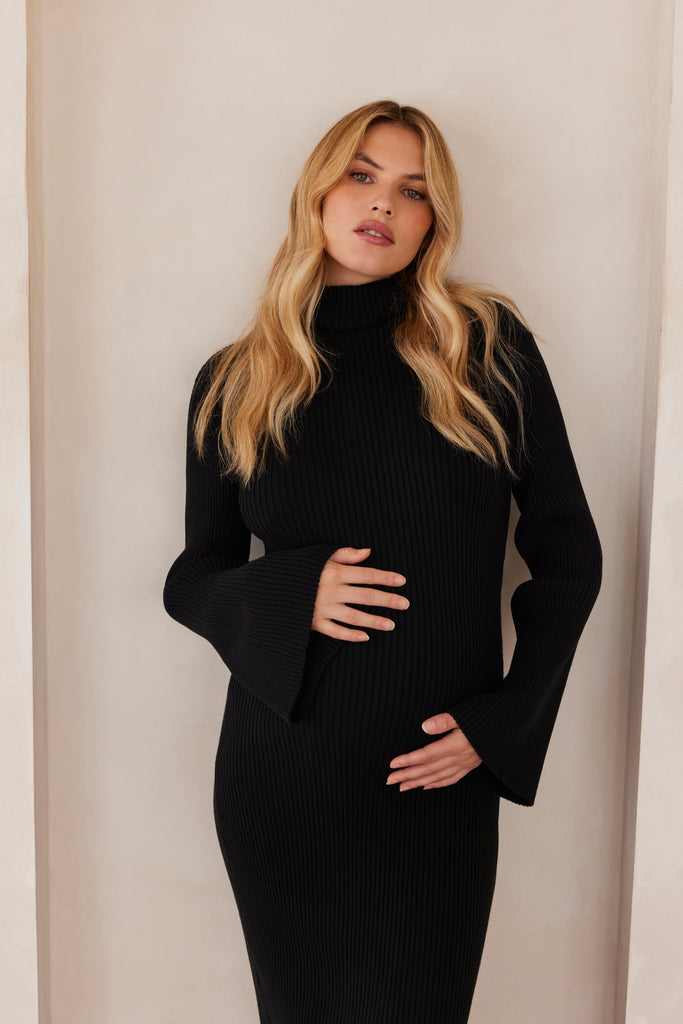 Cozy Knit Oversized Midi Maternity Dress in Black