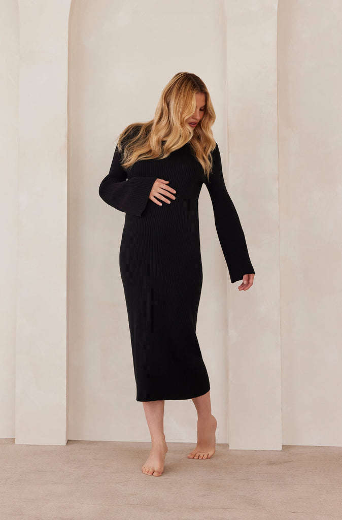 Cozy Knit Oversized Midi Maternity Dress in Black