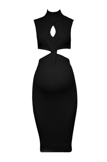 Cozy Knit Turtleneck Cut Out Maternity Dress in Black