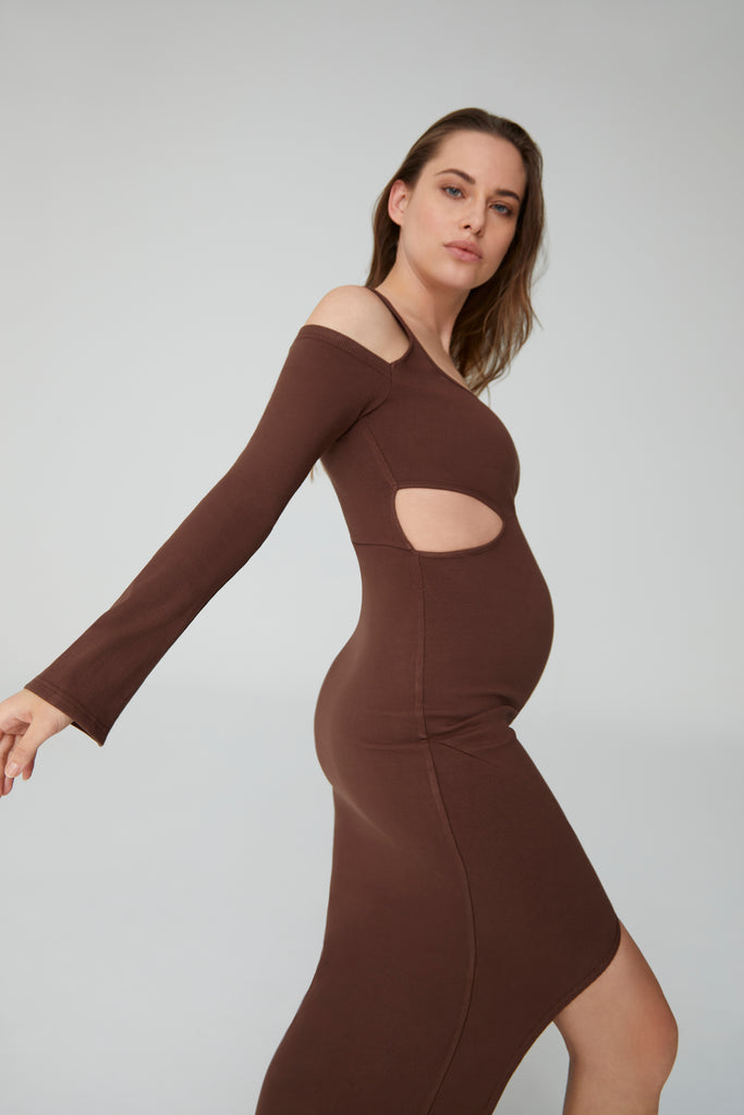 Bumpsuit maternity sculpting rib long sleeve cut out maxi dress in brown