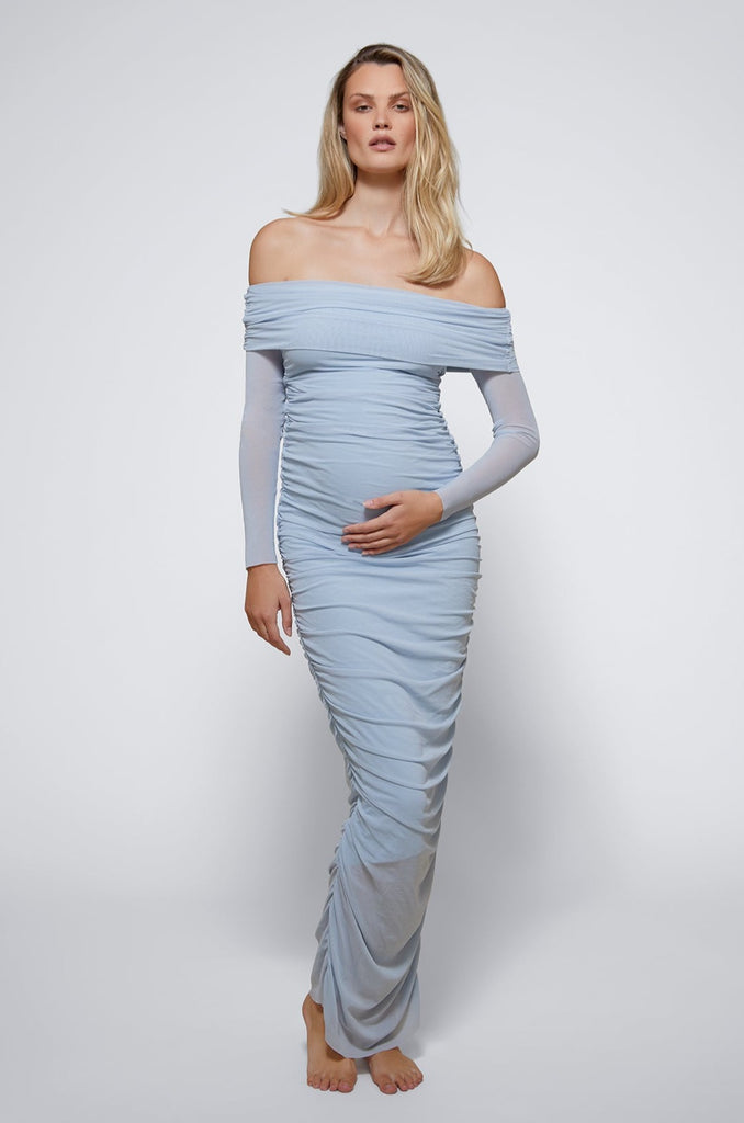 Blue Off The Shoulder Soft Mesh Maternity Dress
