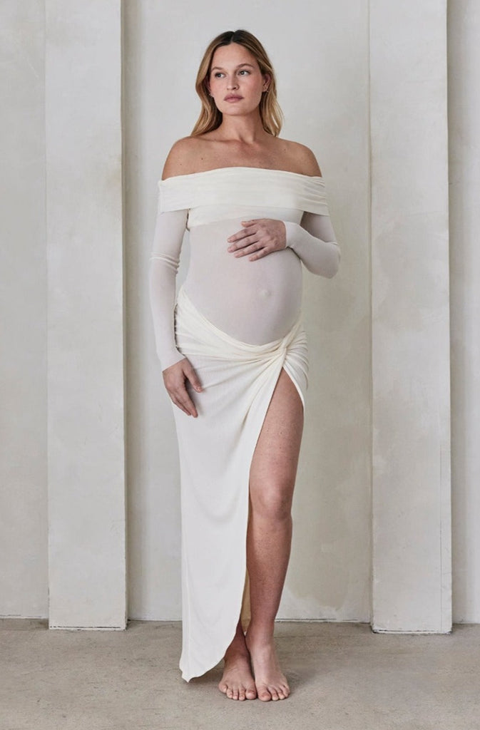 Bumpsuit Maternity High slit Soft Mesh Skirt in White