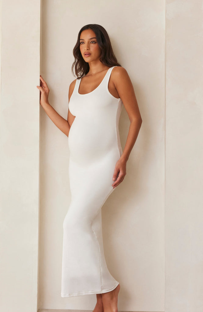The Maternity Midi Wide Strap Dress in Ivory