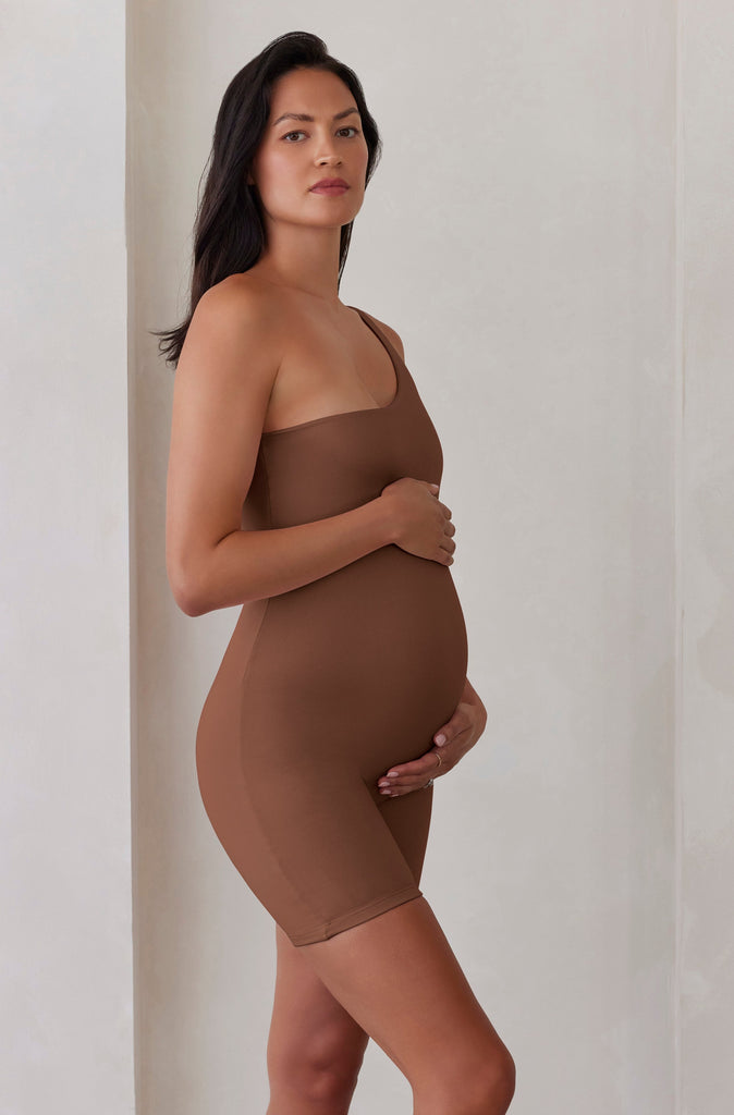 The Romee One Shoulder Maternity Bumpsuit in Mocha