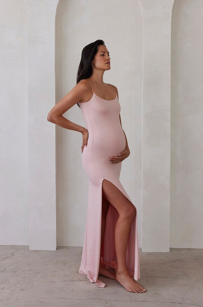 The Rosie Maternity Maxi Dress with side slit in Pink