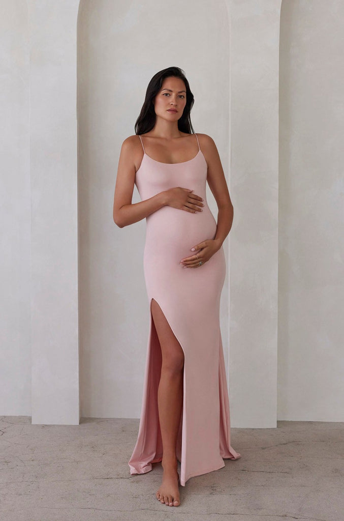 The Rosie Maternity Maxi Dress with side slit in Pink