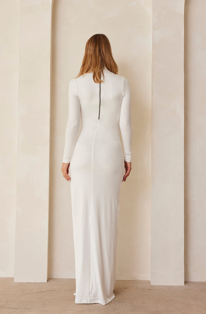 The Monica Maternity Turtleneck Dress with side slit in Ivory